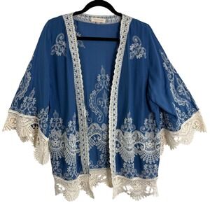 Solitaire Anthropologie Kimono Cardigan M Blue Crochet Lace Embroidered Boho